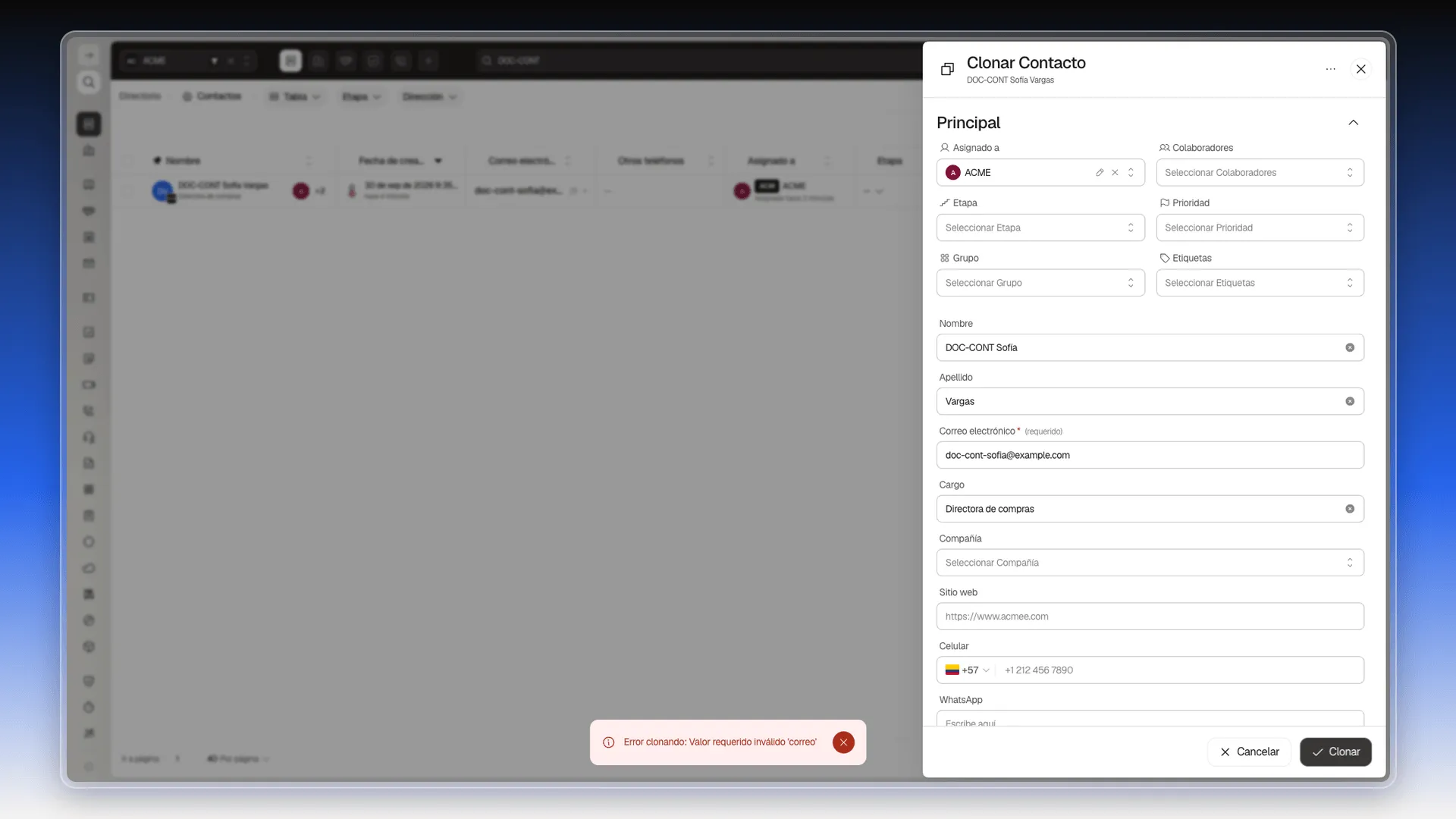Panel Clonar Contacto con el aviso rojo Error clonando: Valor requerido inválido correo