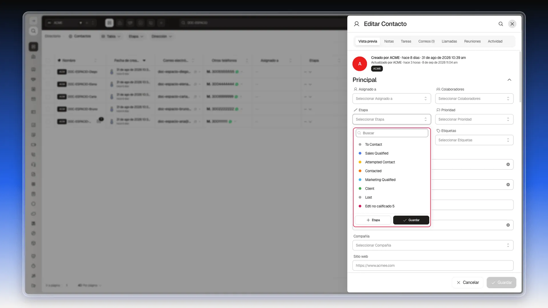 Selector Etapa de un contacto desplegado, mostrando el embudo completo, resaltado