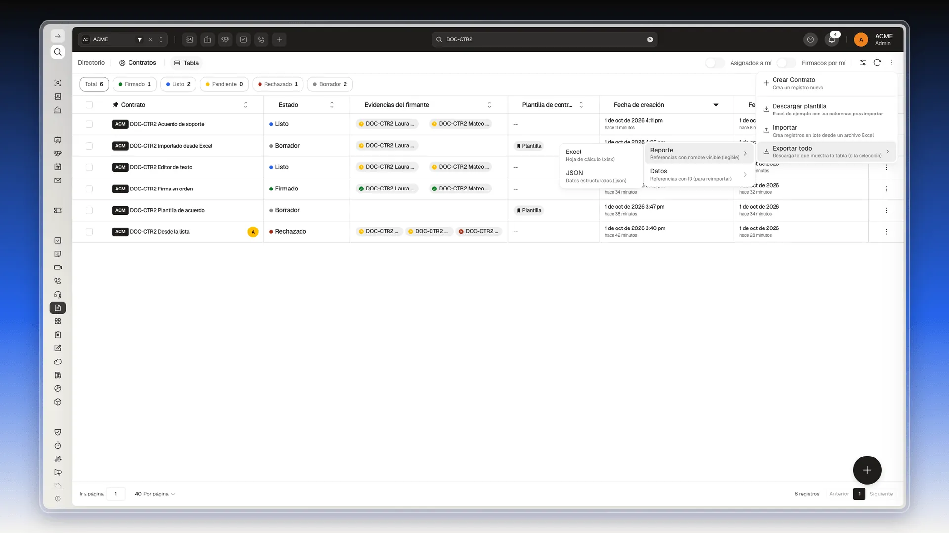 Menú Exportar todo abierto con las opciones Reporte y Datos, y el submenú de Reporte con Excel y JSON