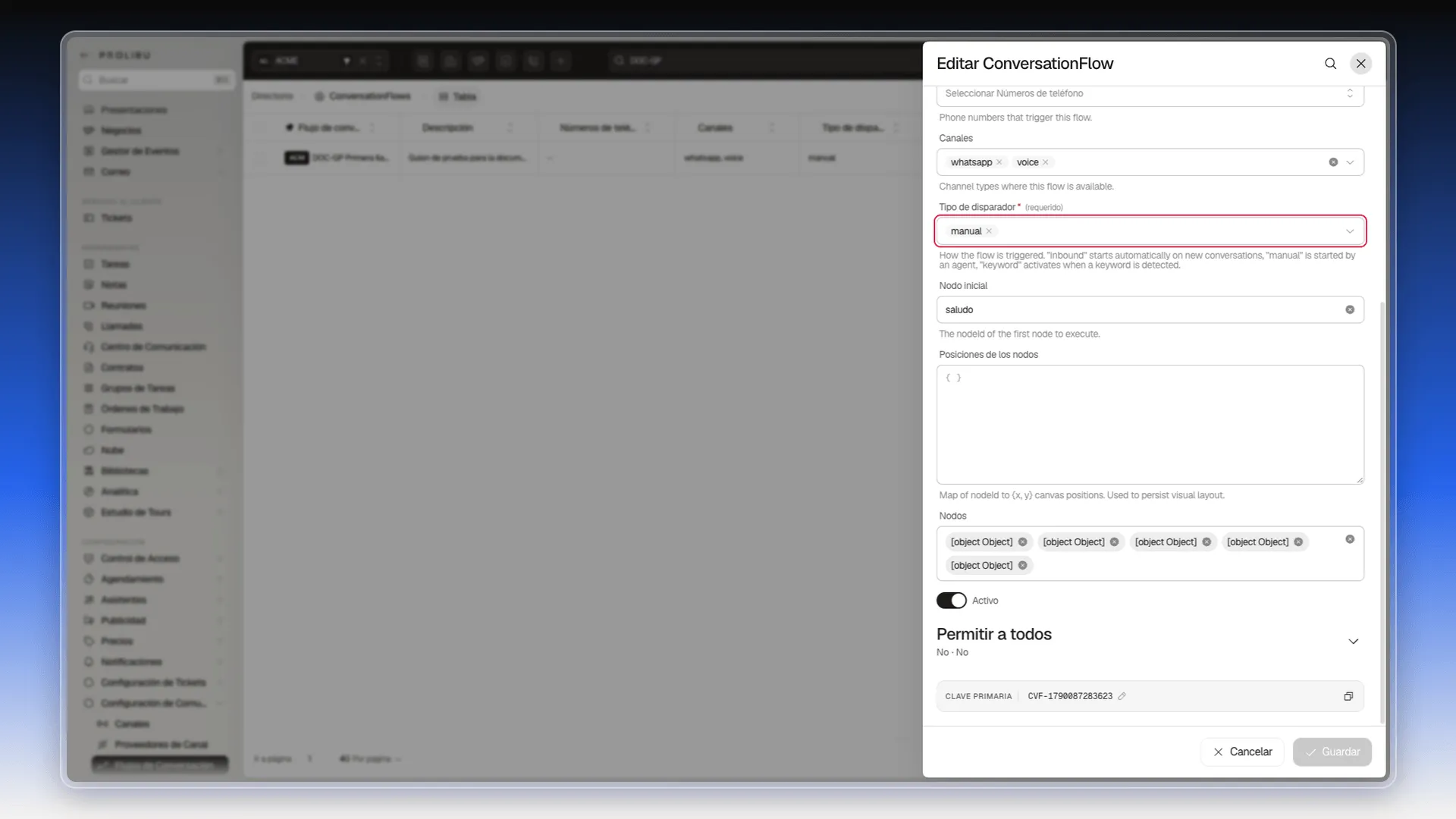 Formulario Editar ConversationFlow con el campo Tipo de disparador resaltado