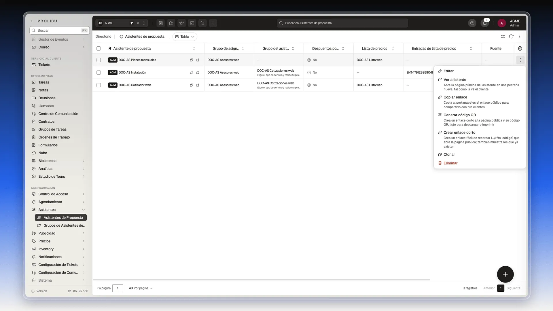 Menú de la fila con las opciones Editar, Ver asistente, Copiar enlace, Generar código QR, Crear enlace corto, Clonar y Eliminar