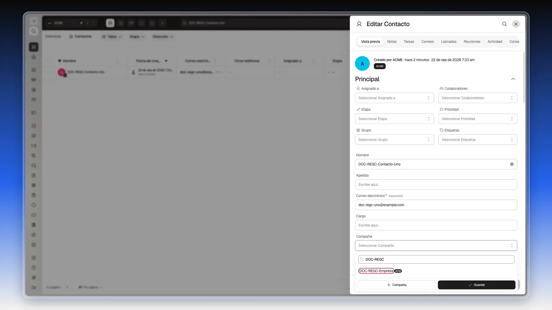 Selector de Compañía abierto en un contacto sin compañía, buscando "DOC-REGC" con el resultado DOC-REGC-Empresa resaltado
