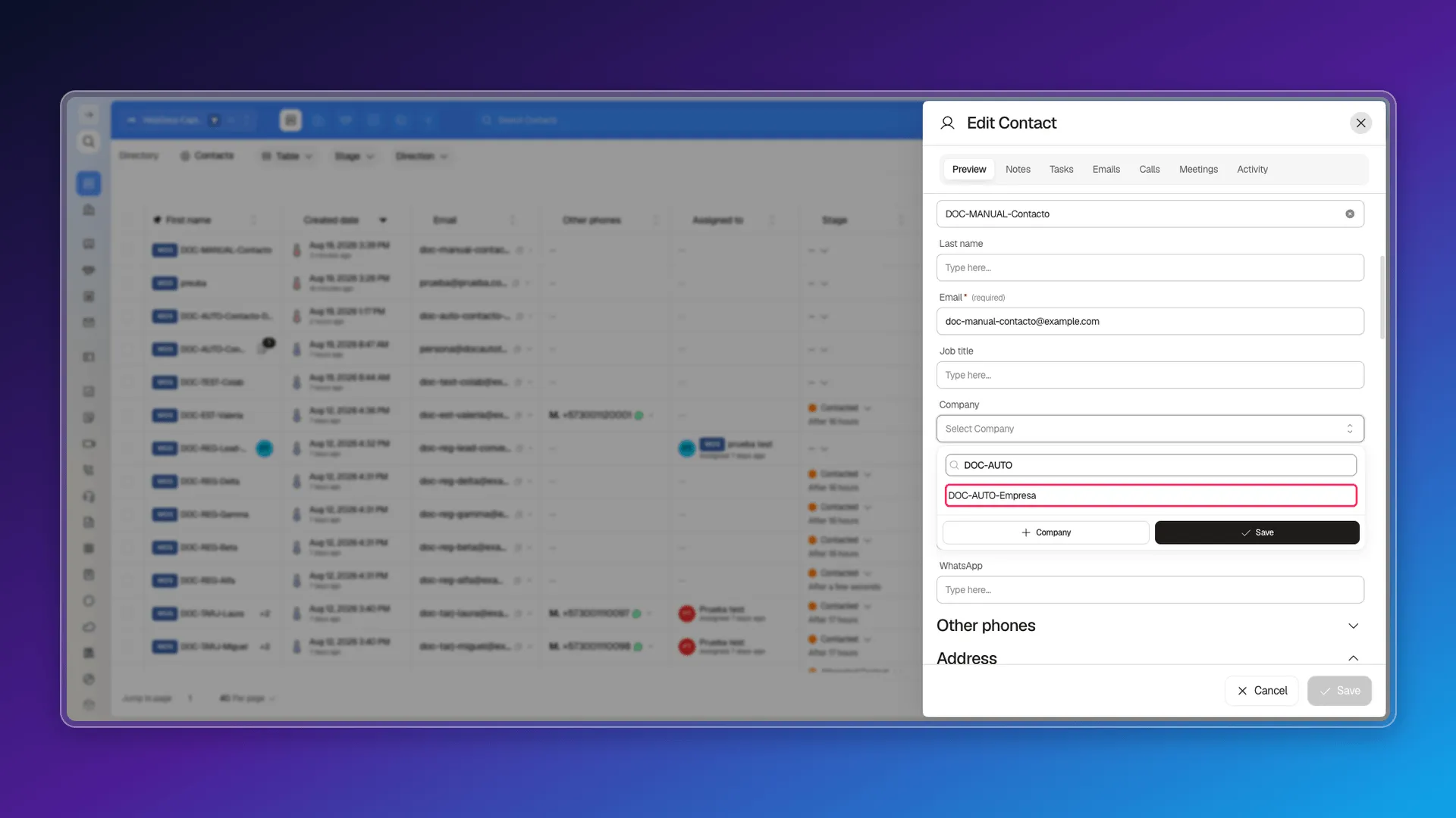 Company selector open on a contact with no company, searching "DOC-AUTO" with the DOC-AUTO-Empresa result highlighted