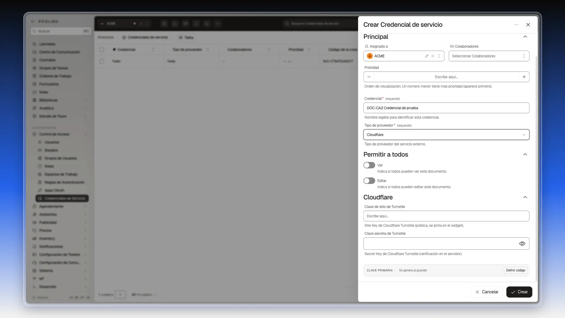 Formulario Crear Credencial de servicio con el tipo Cloudflare y su sección con Clave de sitio de Turnstile y Clave secreta de Turnstile