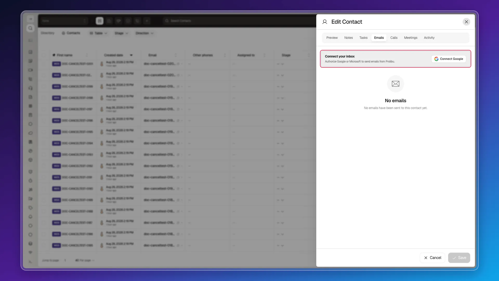 Emails tab with Google connection option and no-email state