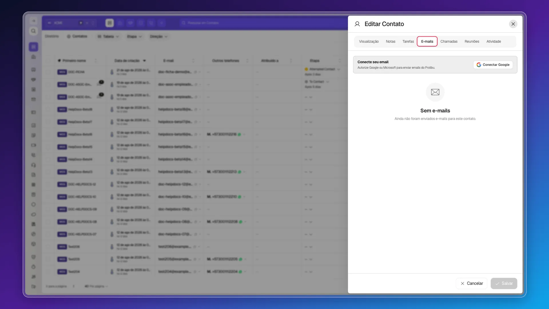 Aba E-mails com opção de conexão do Google e estado sem e-mails