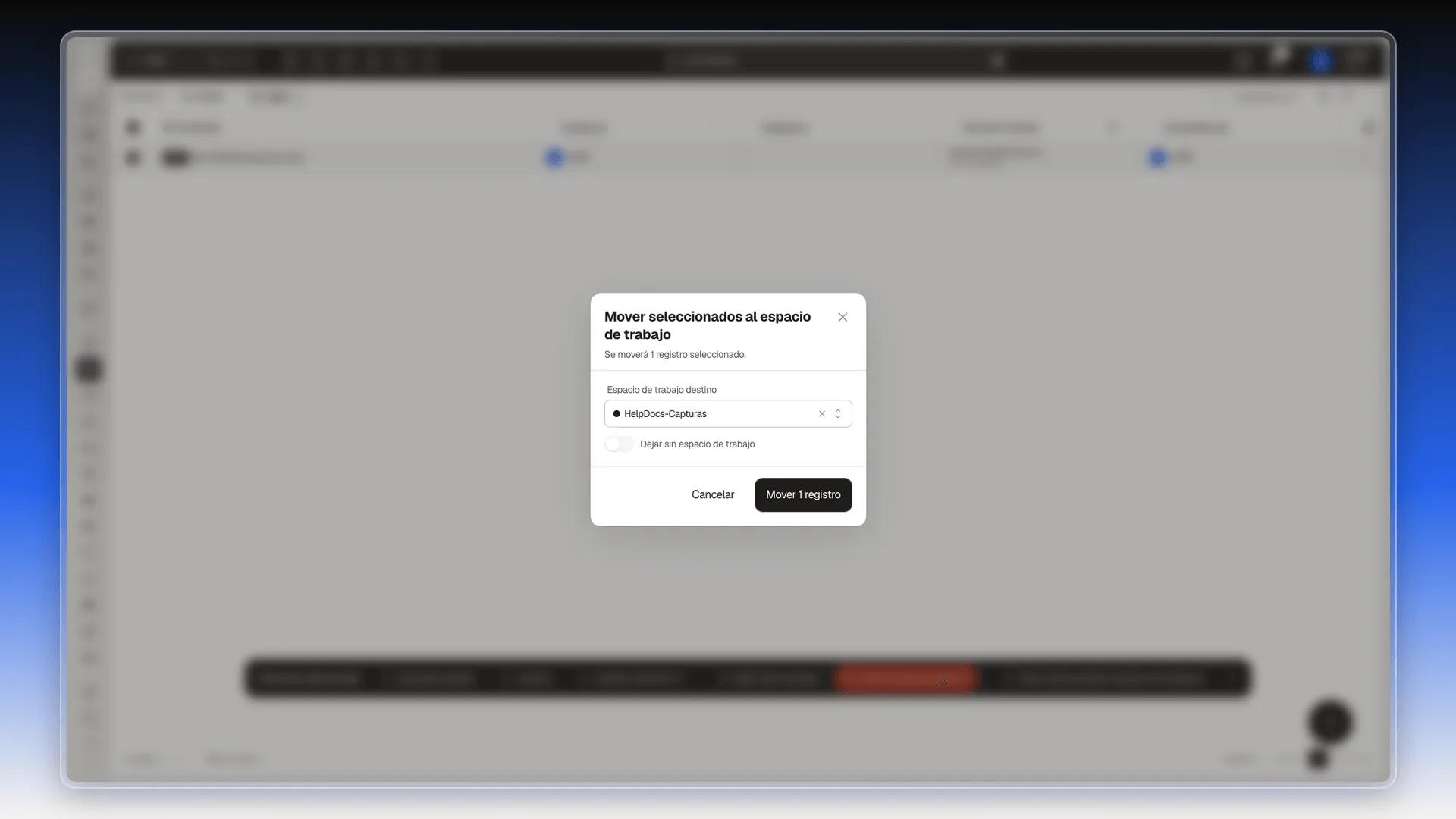 Diálogo con HelpDocs-Capturas como destino y el botón Mover 1 registro activo