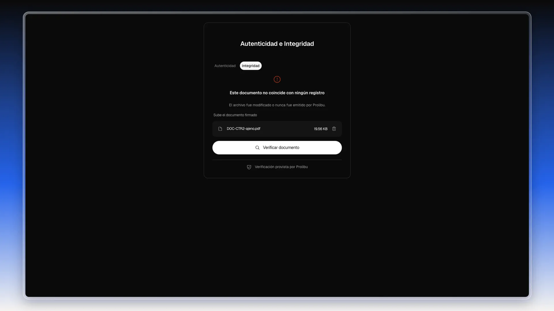 Resultado Este documento no coincide con ningún registro, con el archivo cargado y el botón Verificar documento