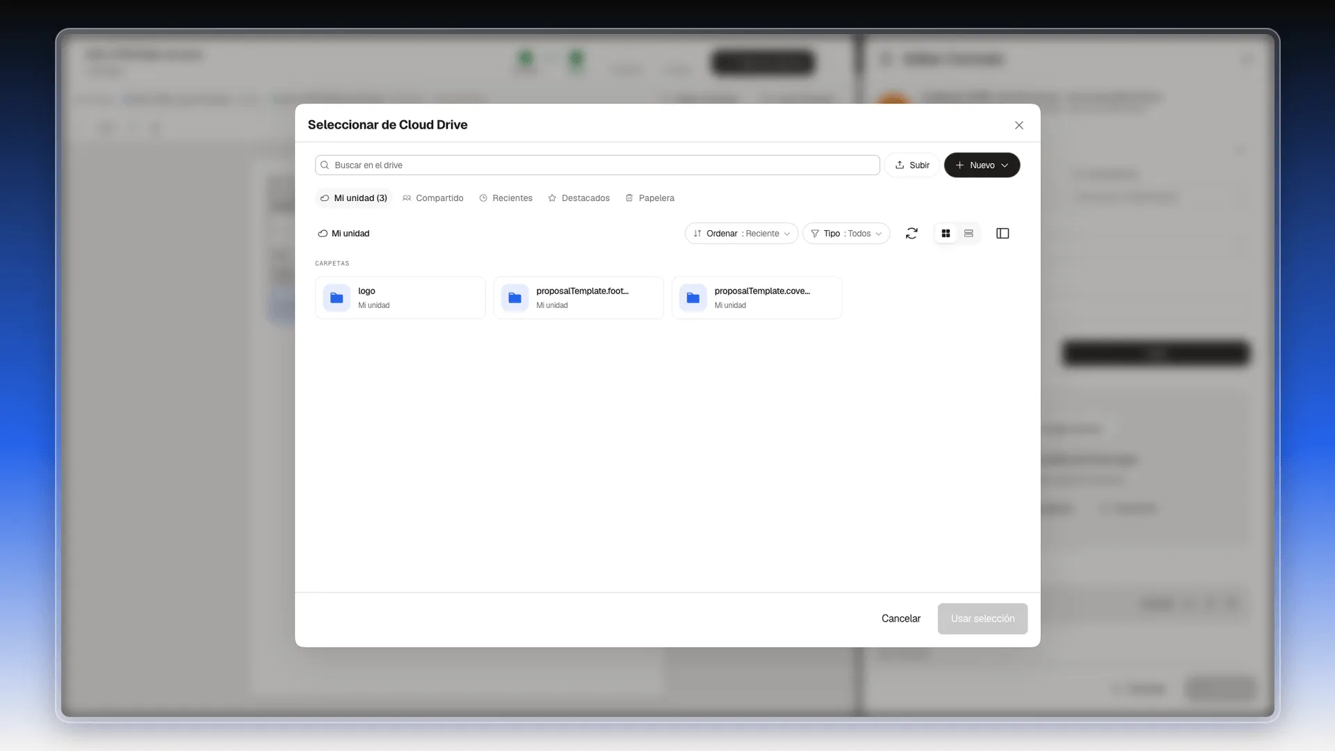 Ventana Seleccionar de Cloud Drive con las pestañas Mi unidad, Compartido, Recientes, Destacados y Papelera, y el botón Usar selección