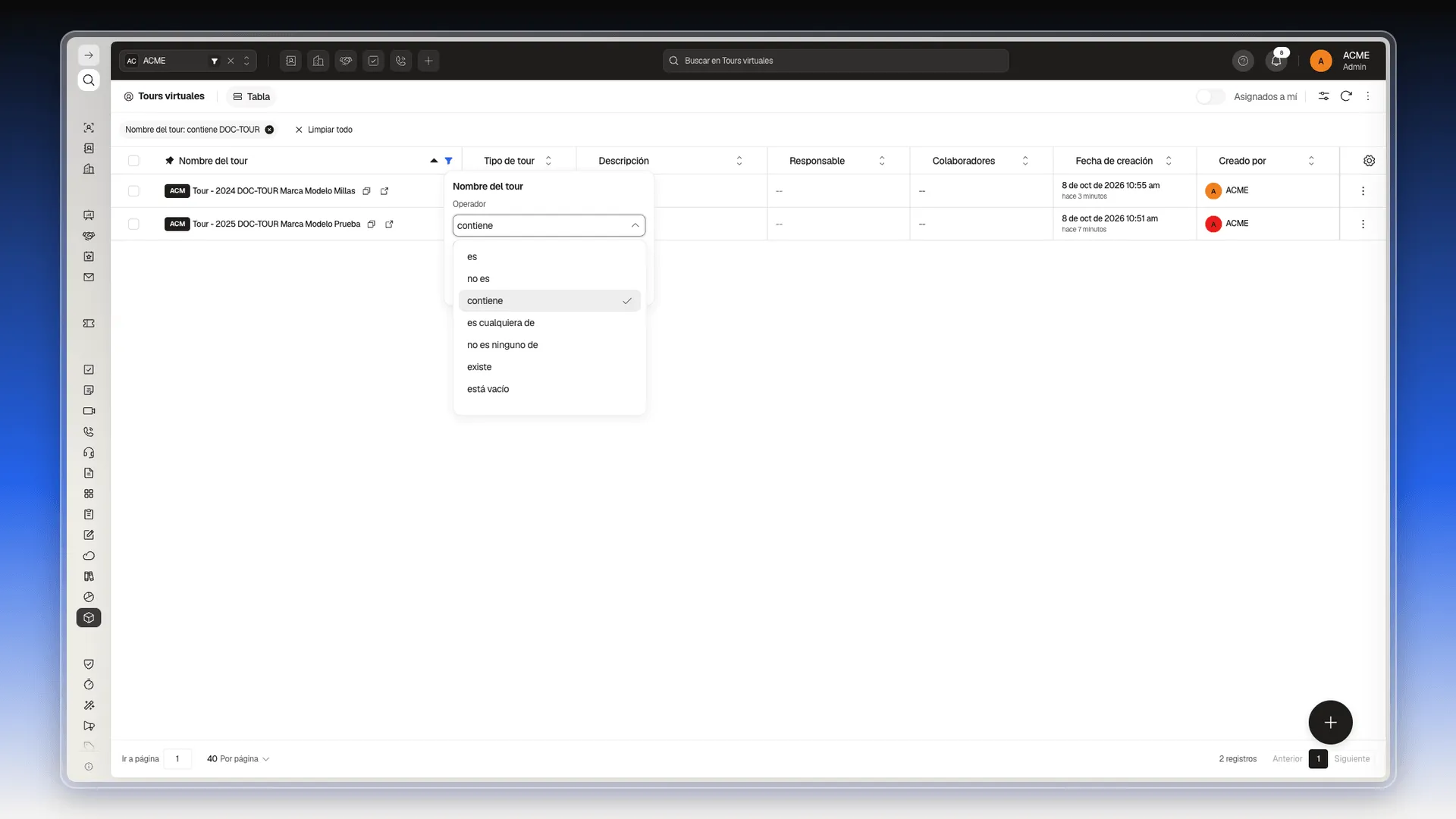 Cuadro del filtro de la columna Nombre del tour con la lista de operadores desplegada