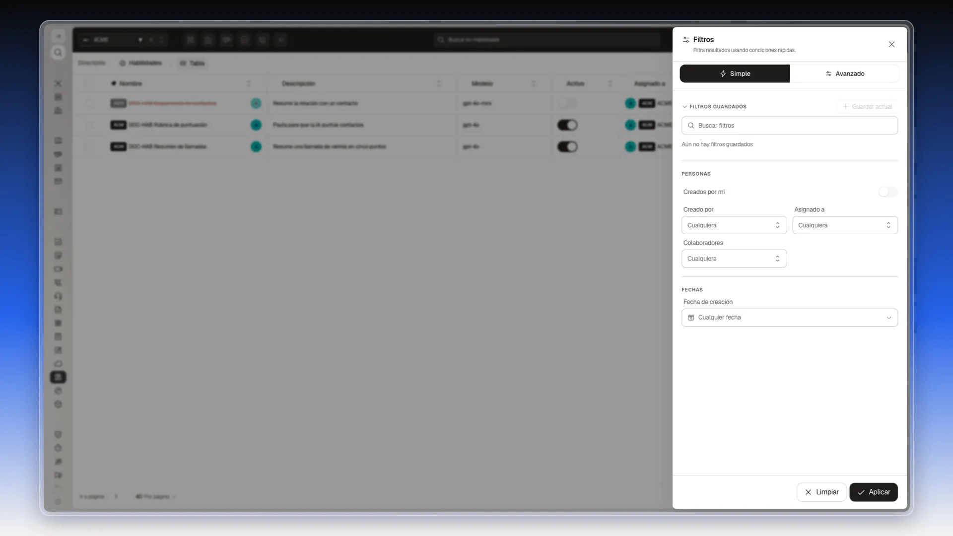 Panel Filtros en la pestaña Simple con las secciones Personas y Fechas