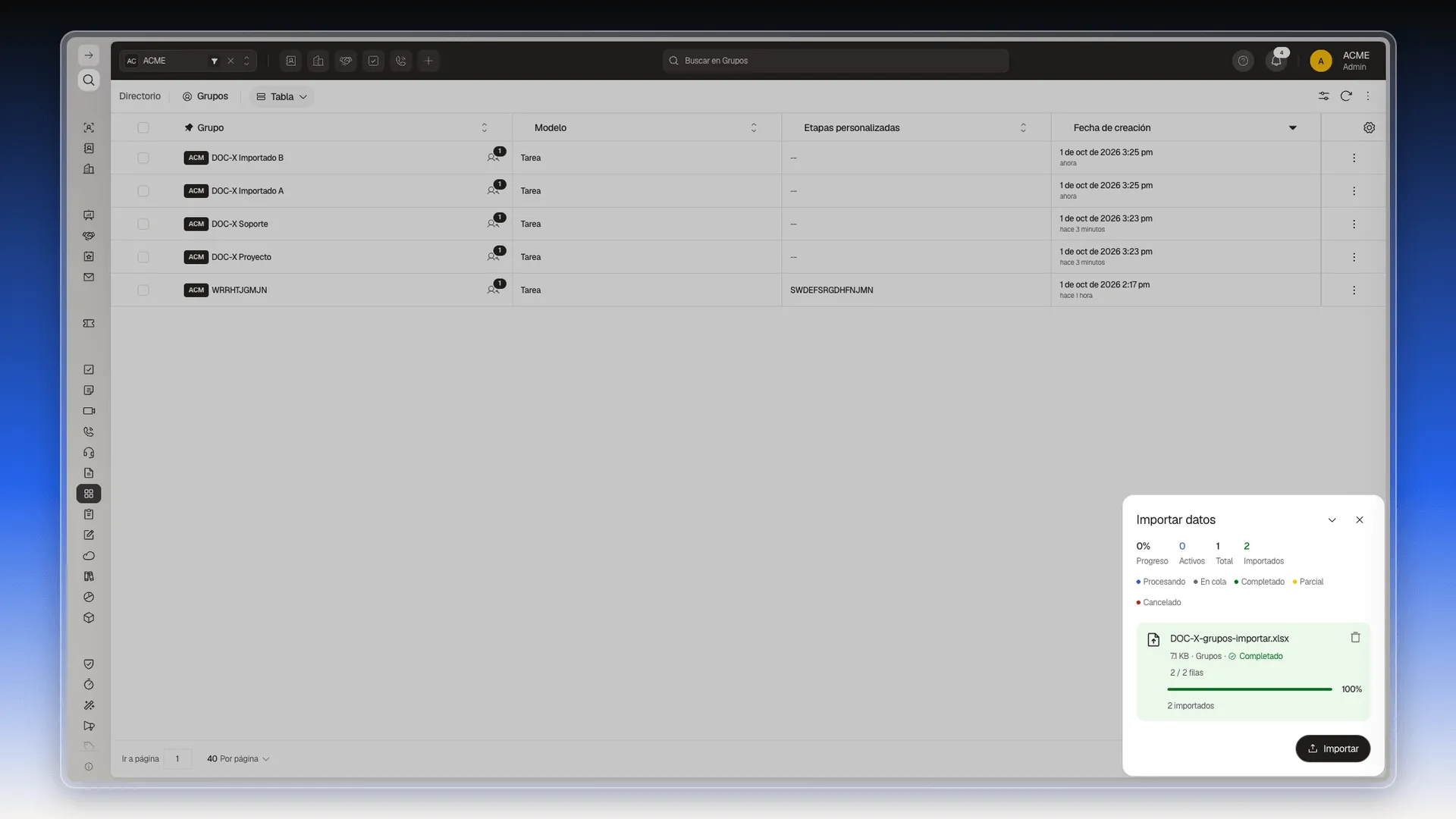 Panel Importar datos con un archivo completado y 2 importados