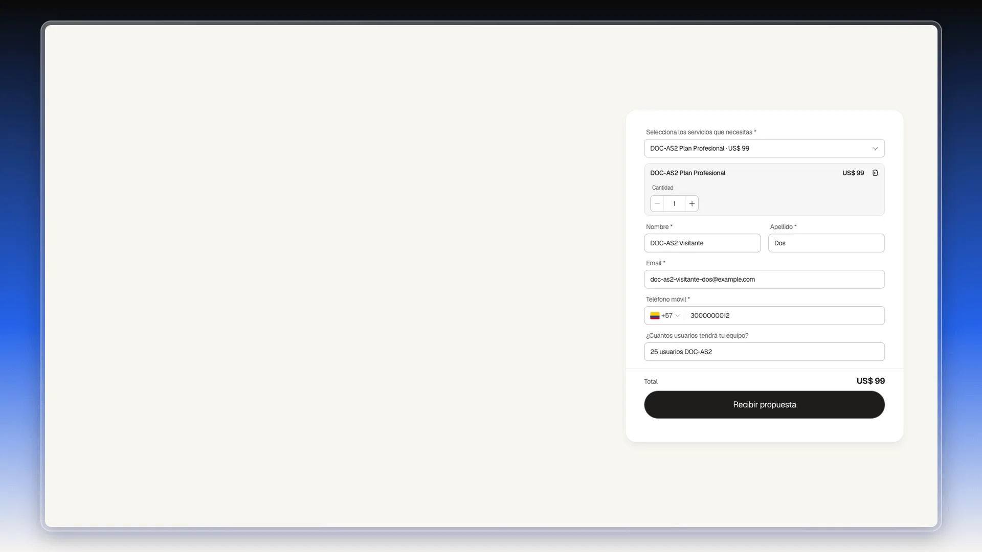 Página del asistente con la pregunta Cuántos usuarios tendrá tu equipo debajo del teléfono móvil, respondida con 25 usuarios