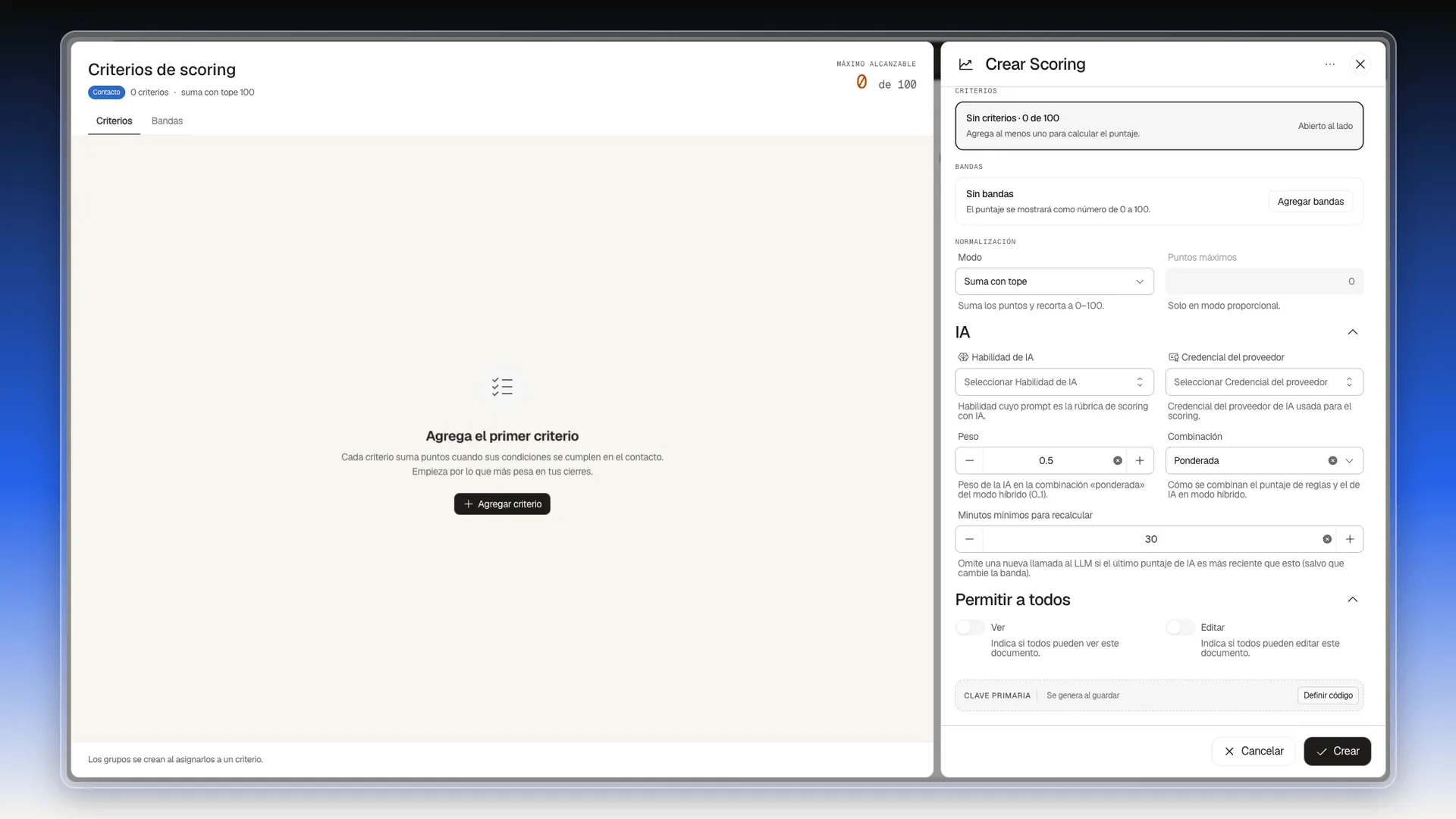 Panel Crear Scoring con el Tipo IA: sección IA con Habilidad de IA, Credencial del proveedor, Peso, Combinación y Minutos mínimos para recalcular, y debajo Permitir a todos y Clave primaria