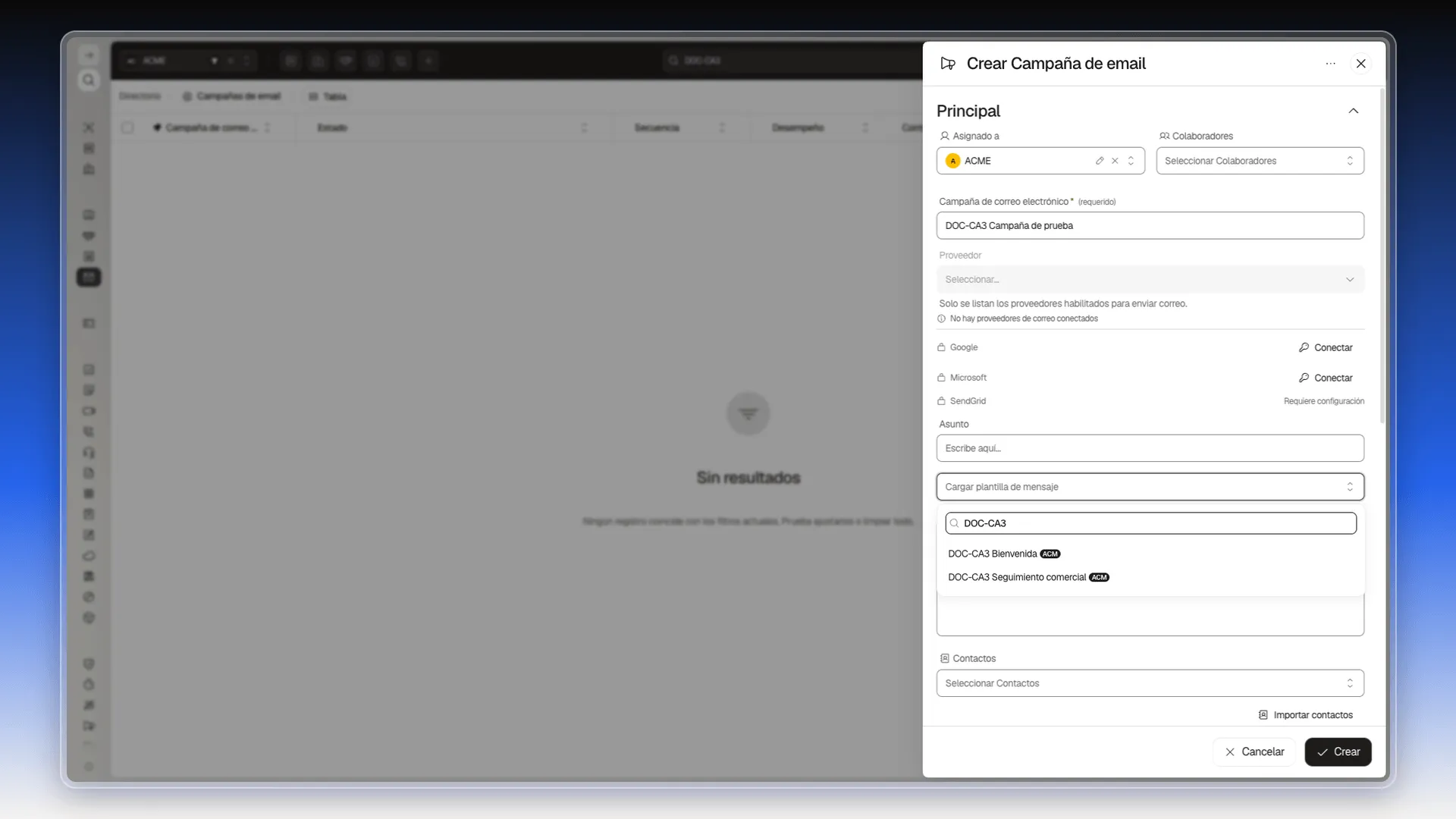 Formulario Crear Campaña de email con el selector Cargar plantilla de mensaje abierto, la búsqueda DOC-CA3 y dos plantillas en la lista