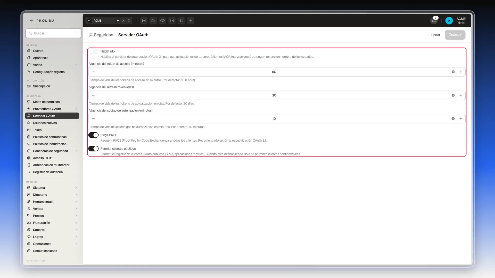 Panel Servidor OAuth con los tres tiempos de vigencia, Exigir PKCE y Permitir clientes públicos