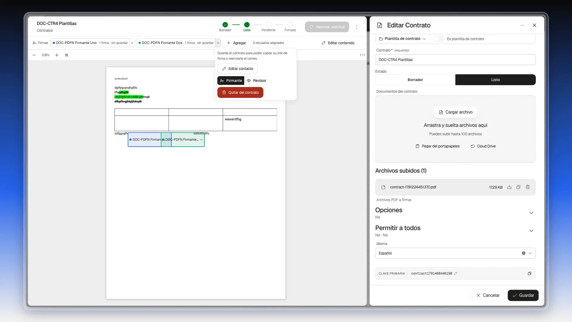 Tarjeta de un firmante sin guardar, con el aviso Guarda el contrato para poder copiar su link de firma, Editar contacto, los botones de rol y Quitar del contrato