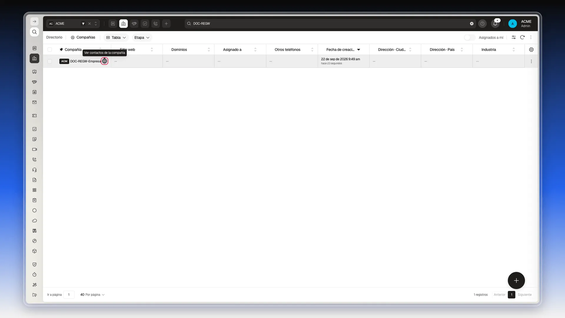 Lista de Compañías con el ícono Ver contactos de la compañía resaltado a la derecha del nombre DOC-REGW-Empresa y su etiqueta visible