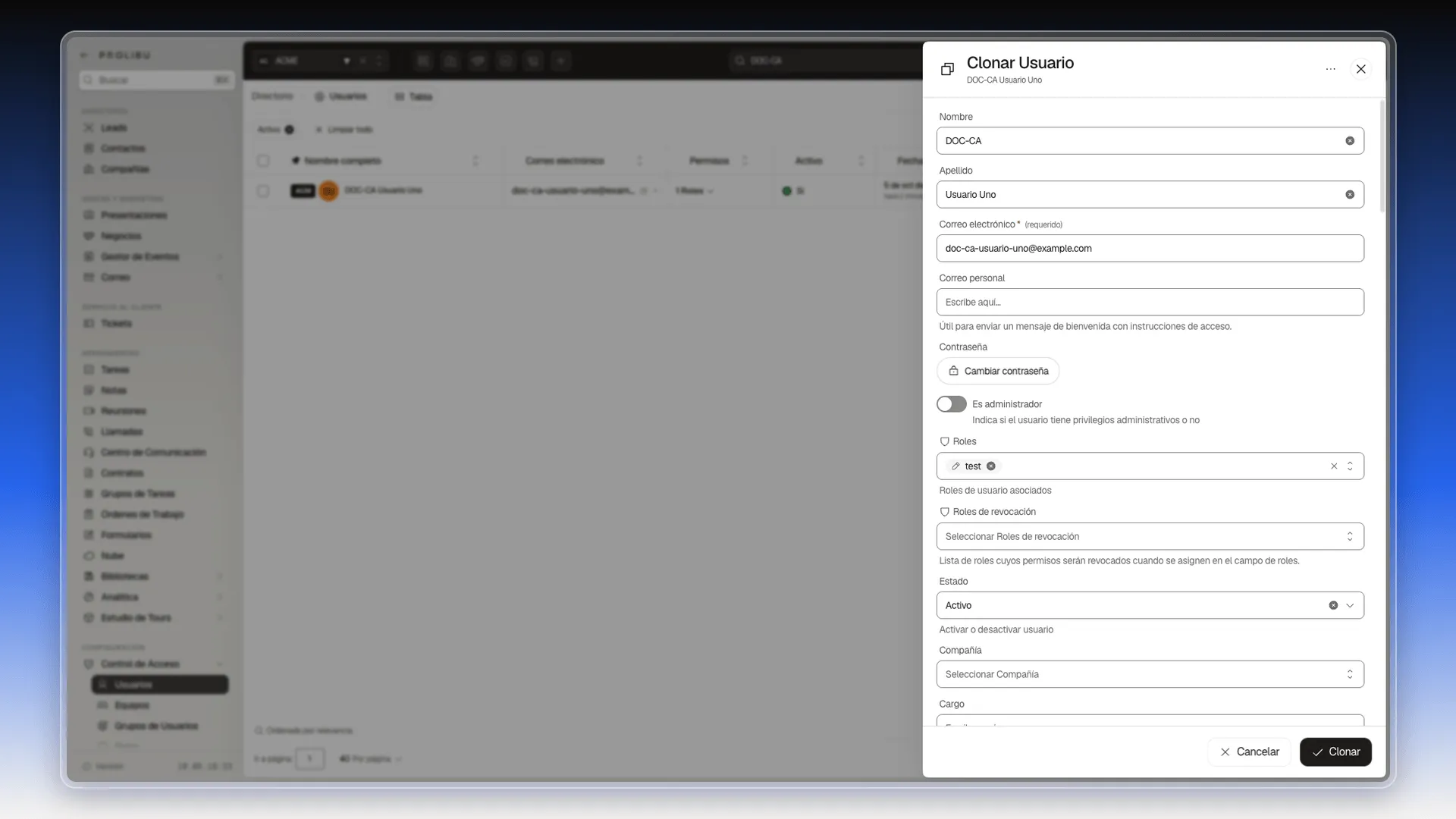Panel Clonar Usuario con los datos copiados de DOC-CA Usuario Uno