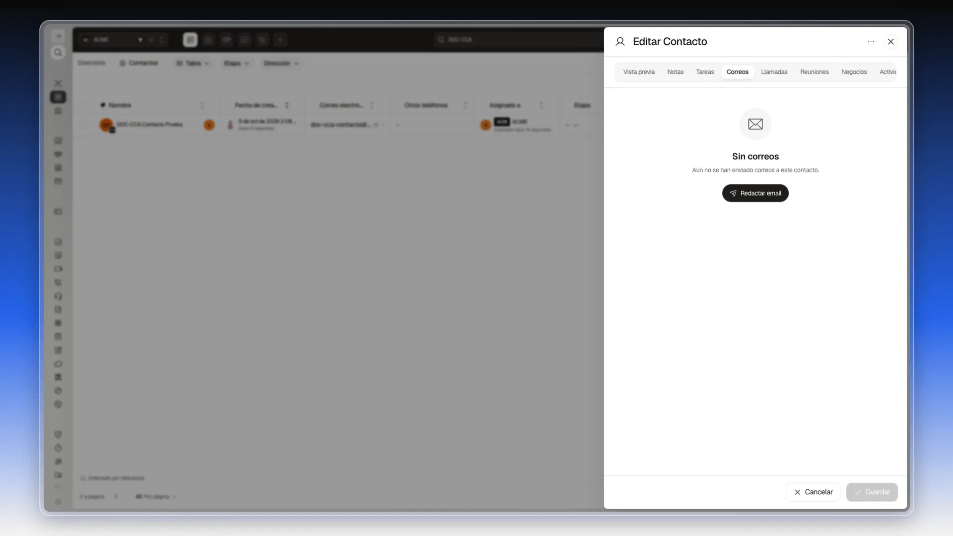 Pestaña Correos con la bandeja conectada: mensaje Sin correos y botón Redactar email