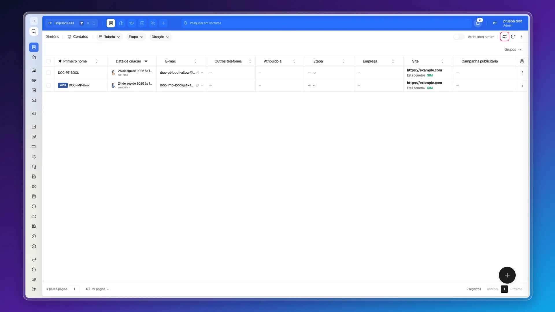 Barra de ações da lista de Contatos com o botão Filtros destacado, à esquerda de Atualizar e Mais ações