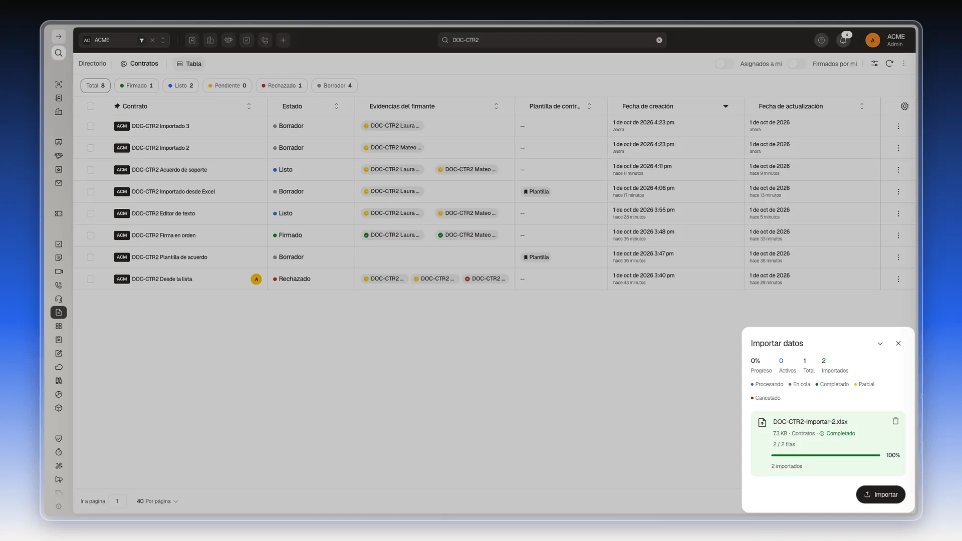 Panel Importar datos con el archivo DOC-CTR2-importar-2.xlsx Completado, 2 de 2 filas y 2 importados, y los dos contratos nuevos en la tabla