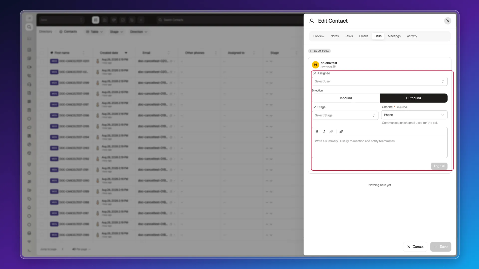 Calls tab with the call logging form