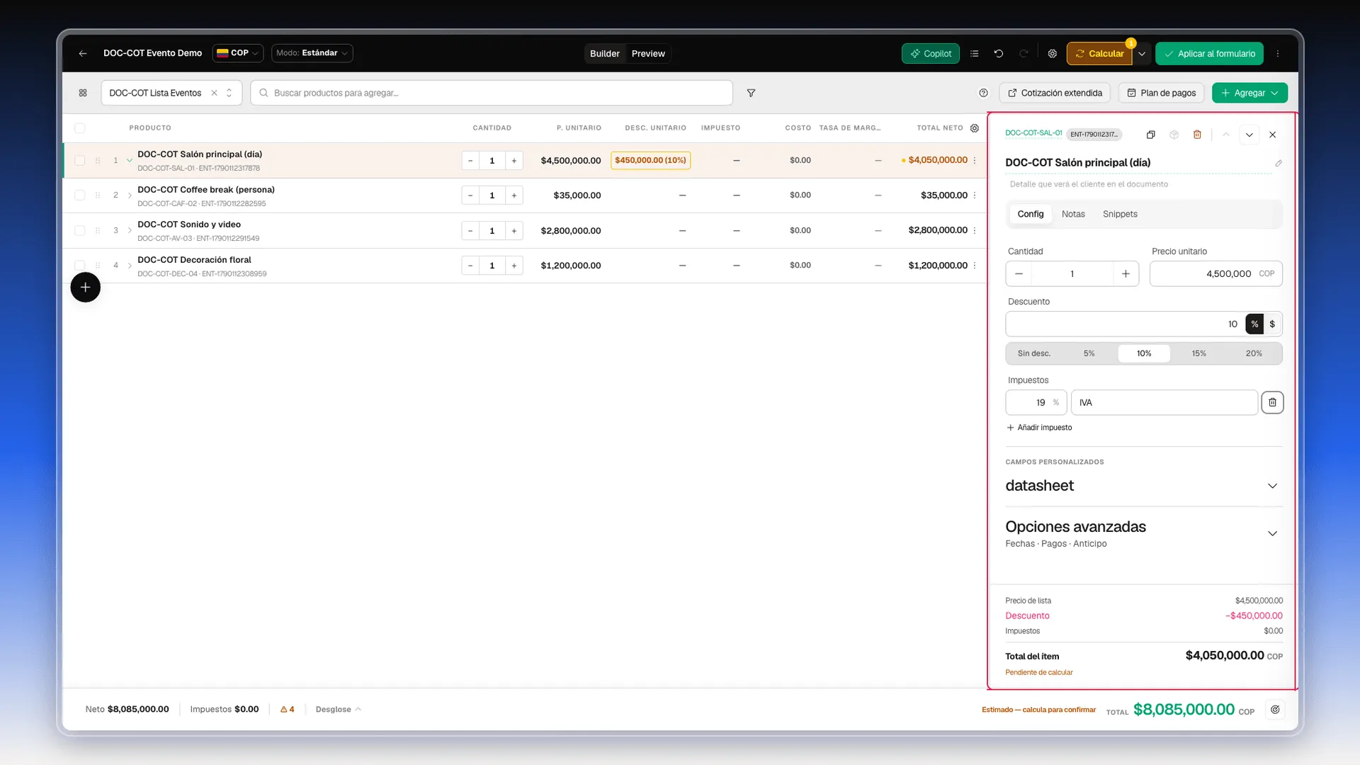 Panel de detalle de una línea resaltado, en la pestaña Config, con Cantidad, Precio unitario, Descuento, Impuestos y el resumen Total del ítem al pie