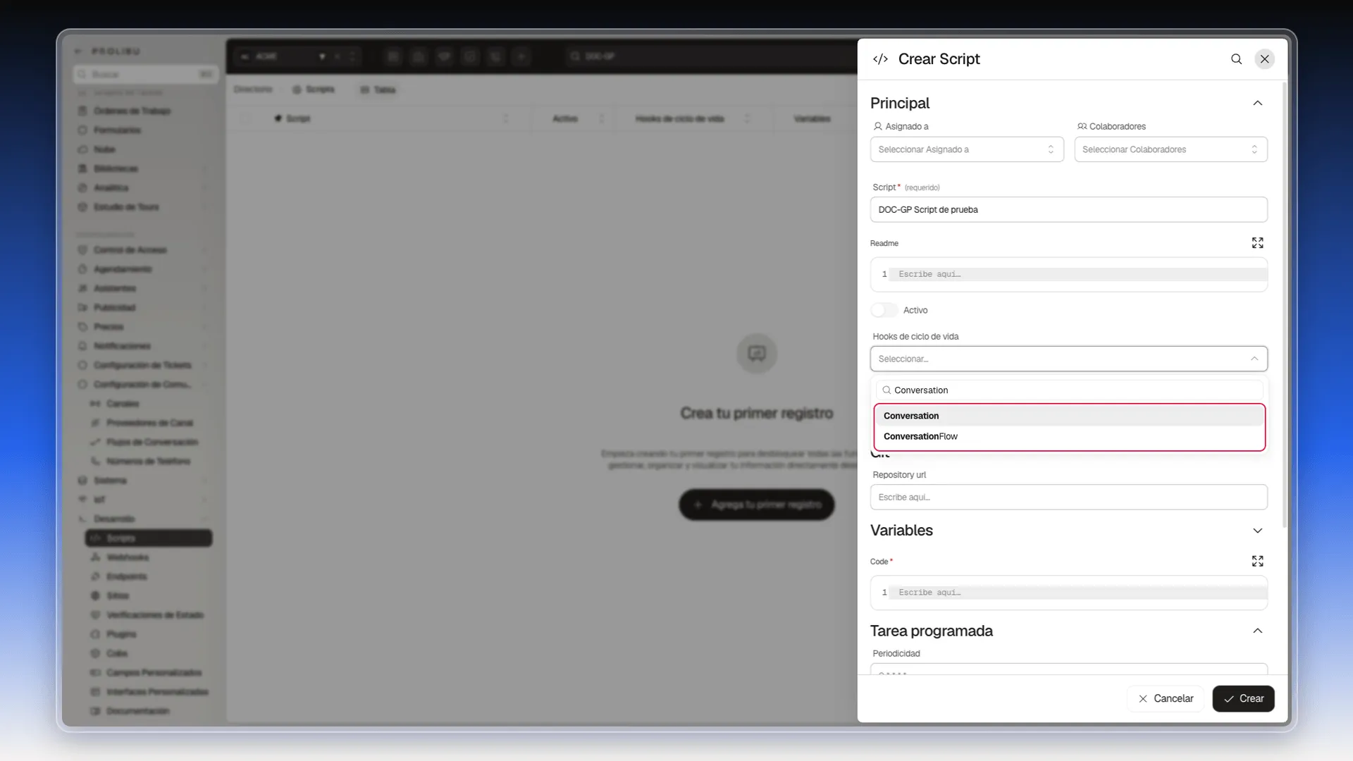 Selector Hooks de ciclo de vida de Crear Script con las opciones Conversation y ConversationFlow resaltadas