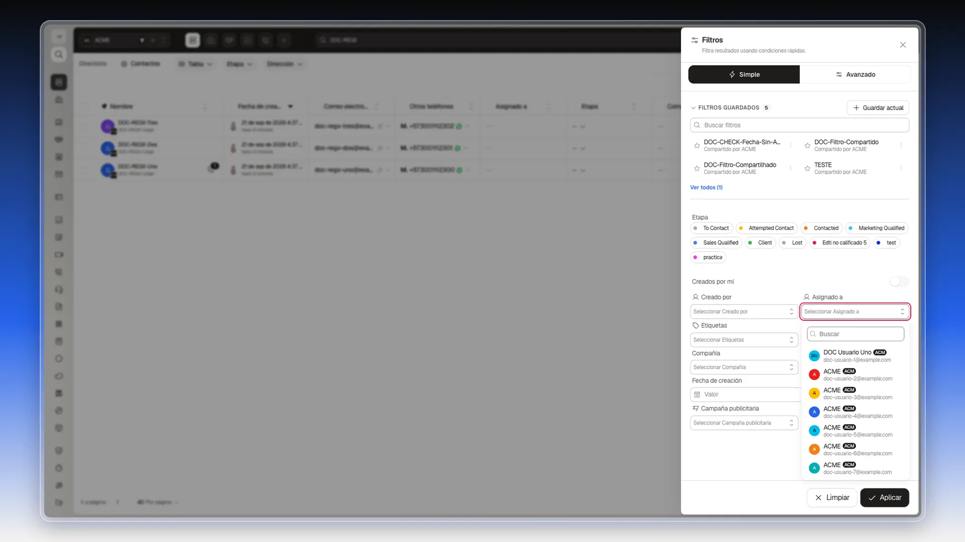 Selector Asignado a resaltado en el panel Filtros, desplegado con la lista de usuarios