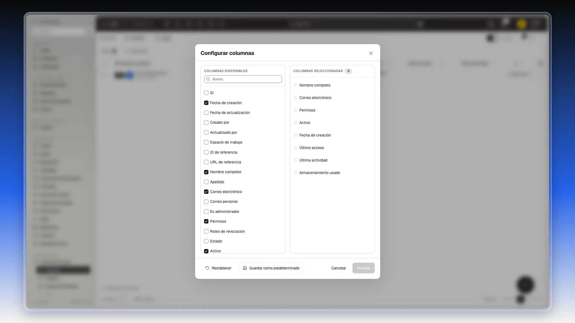 Ventana Configurar columnas de Usuarios con la lista de columnas disponibles y las ocho seleccionadas
