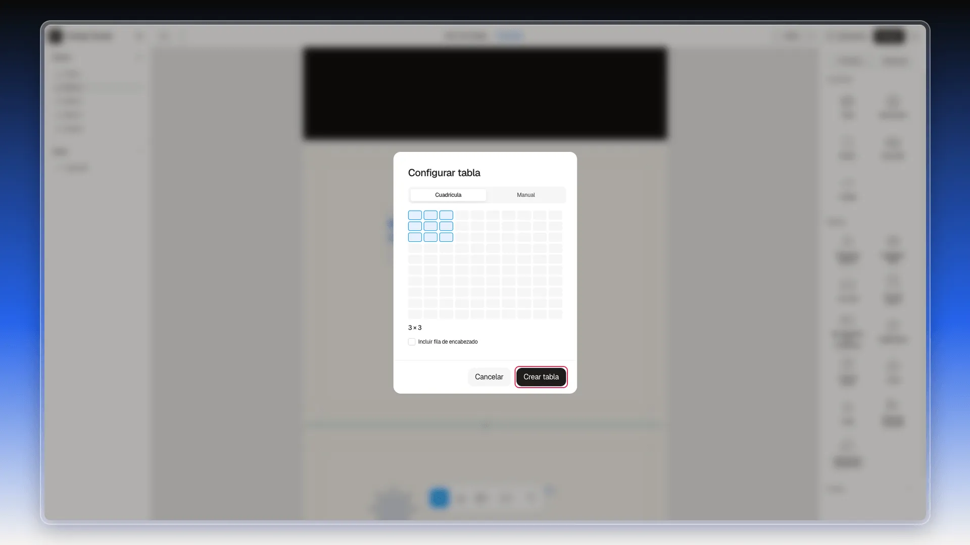 Cuadro Configurar tabla en modo Cuadrícula con 3 × 3 marcado y el botón Crear tabla resaltado