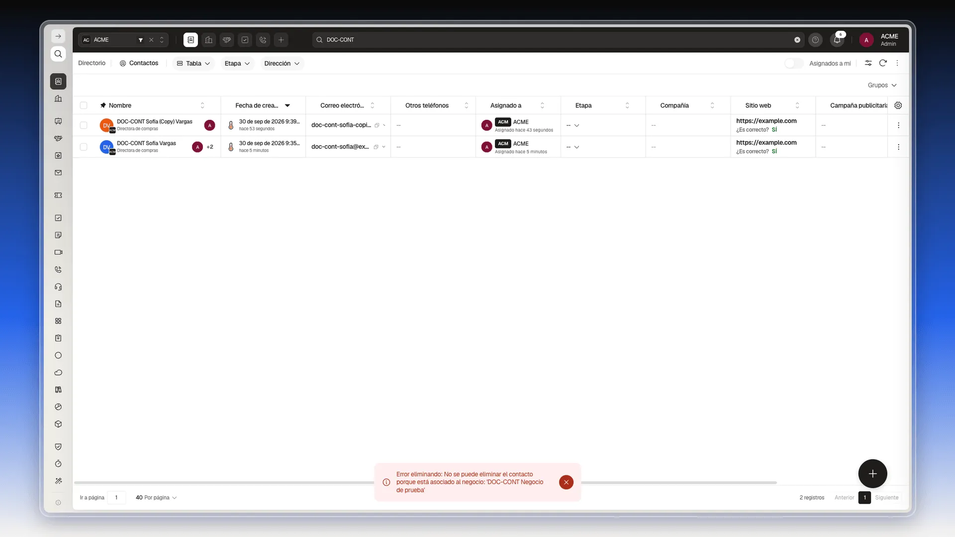 Lista de Contactos con el aviso rojo Error eliminando: No se puede eliminar el contacto porque está asociado al negocio
