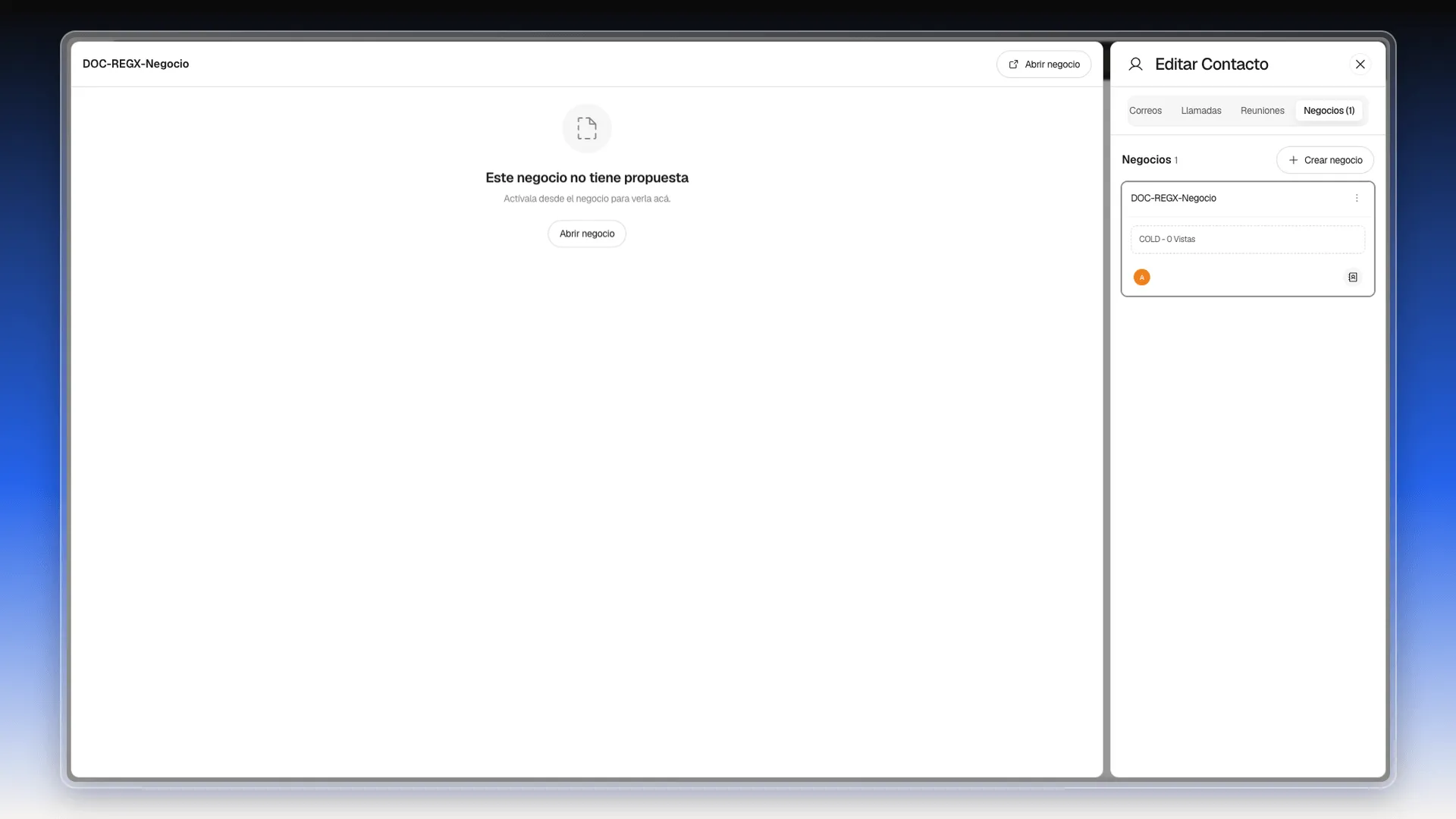 Pestaña Negocios (1) de la ficha de un contacto con la tarjeta del negocio DOC-REGX-Negocio y, a la izquierda, la vista previa del negocio sin propuesta y el botón Abrir negocio