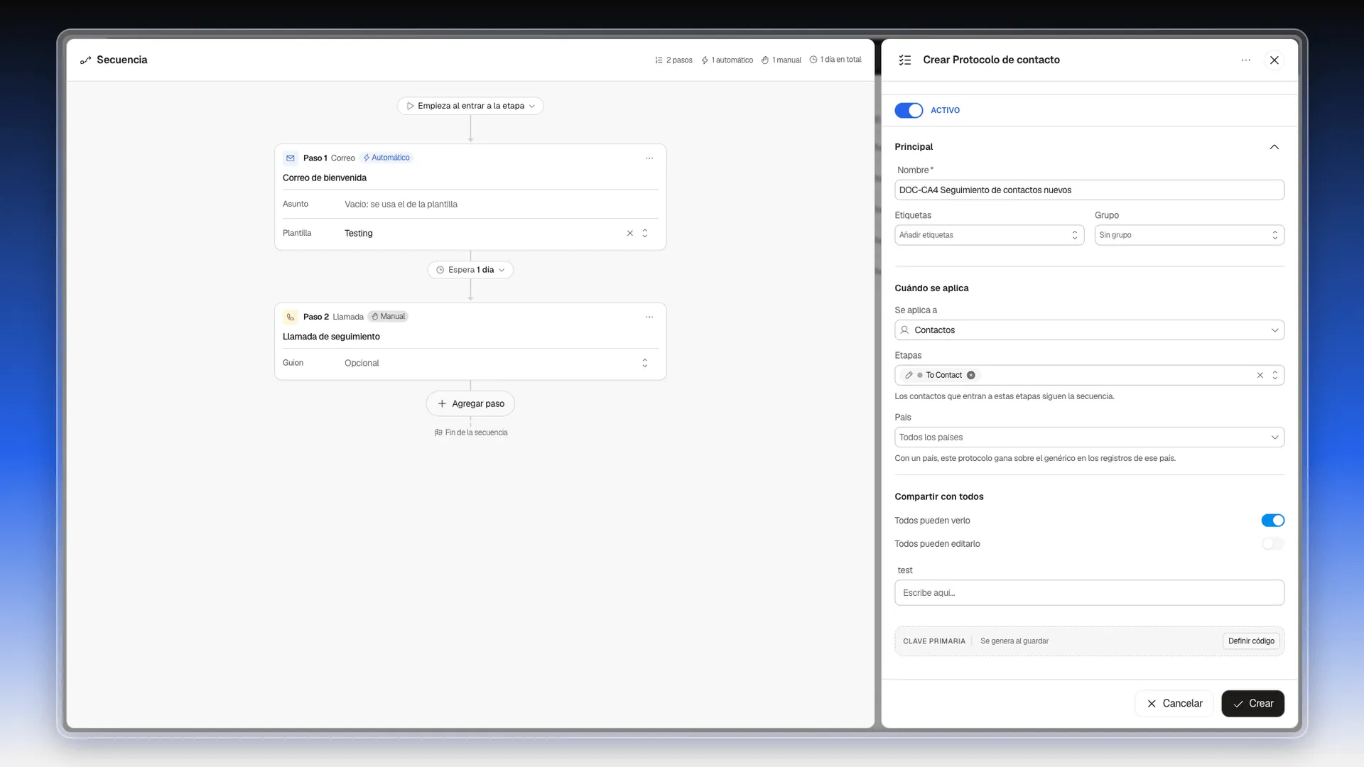 Editor Crear Protocolo de contacto con una secuencia de dos pasos, un correo y una llamada separados por una espera de un día, y los campos Se aplica a y Etapas a la derecha