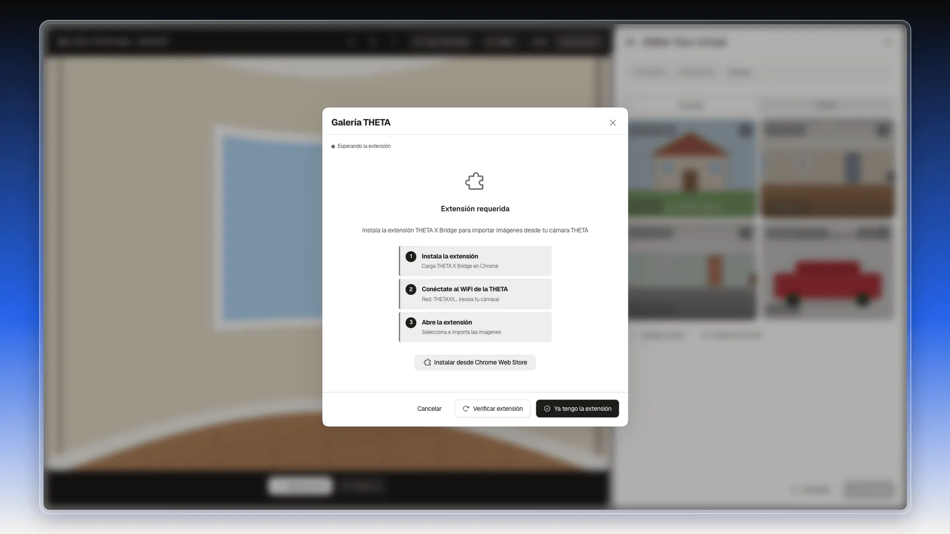 Cuadro Galería THETA con Extensión requerida y los tres pasos: instalar la extensión, conectarse al WiFi de la THETA y abrir la extensión