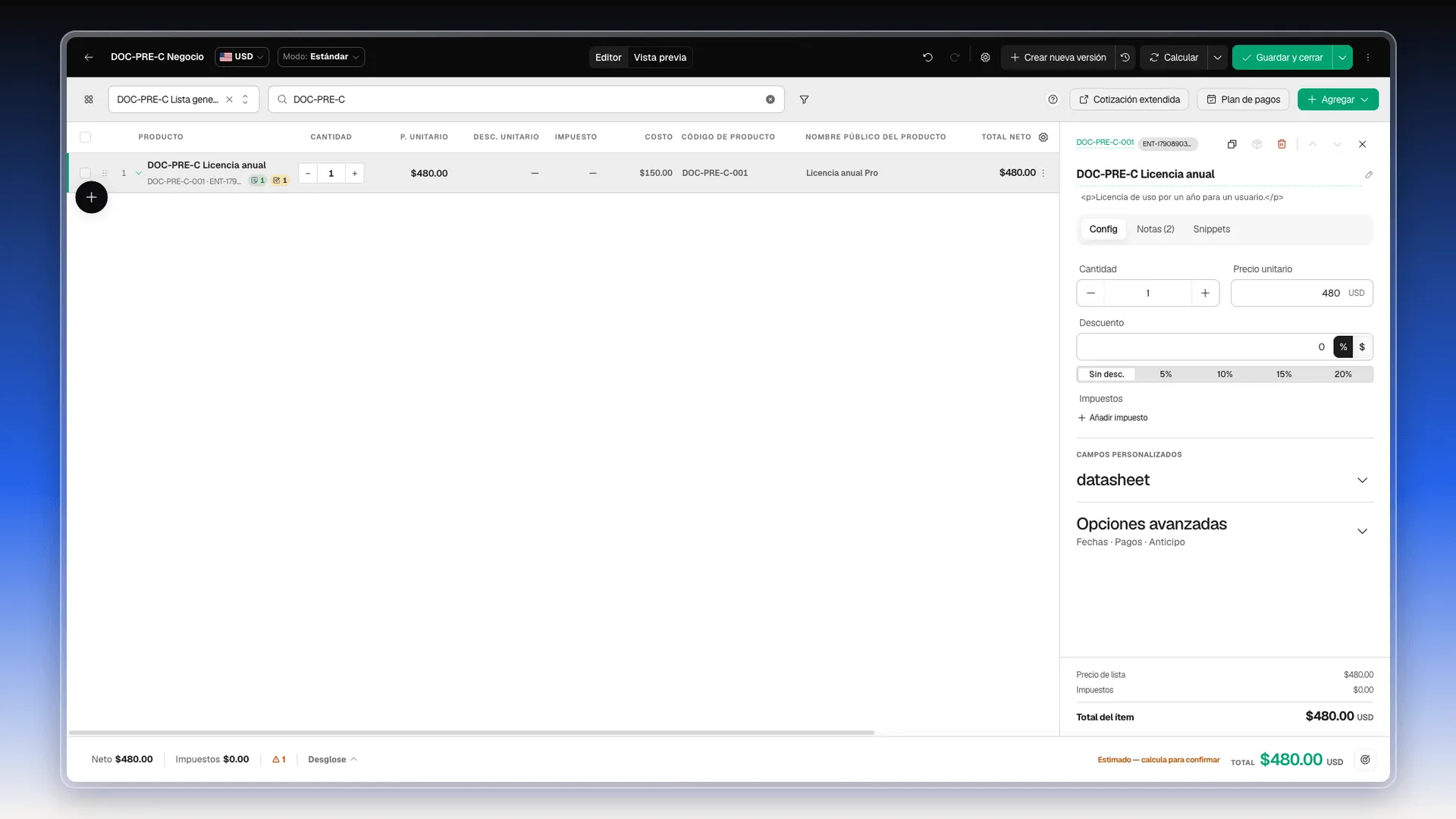 Panel de detalle de una línea, pestaña Config, con Cantidad, Precio unitario, Descuento e Impuestos