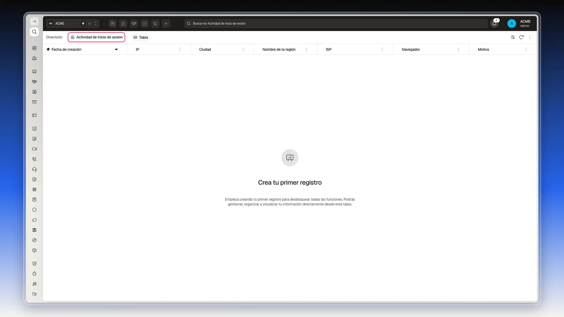 Pantalla Actividad de inicio de sesión con las columnas de fecha, IP, ciudad, región, ISP, navegador y motivo
