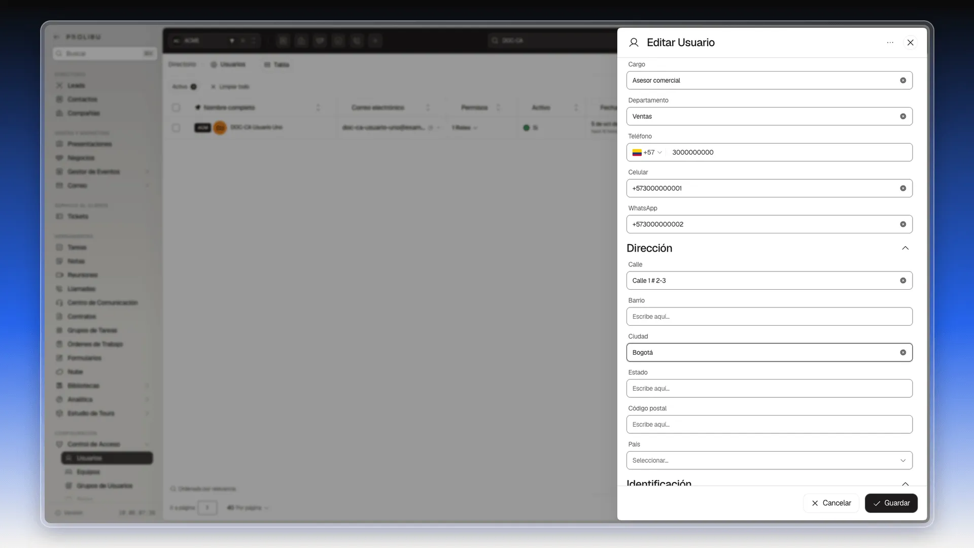 Ficha de DOC-CA Usuario Uno con Cargo, Departamento, Teléfono, Celular, WhatsApp y la sección Dirección rellenos