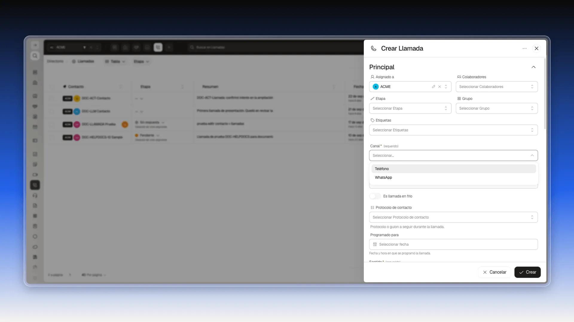 Desplegable Canal del formulario de llamada con las opciones Teléfono y WhatsApp