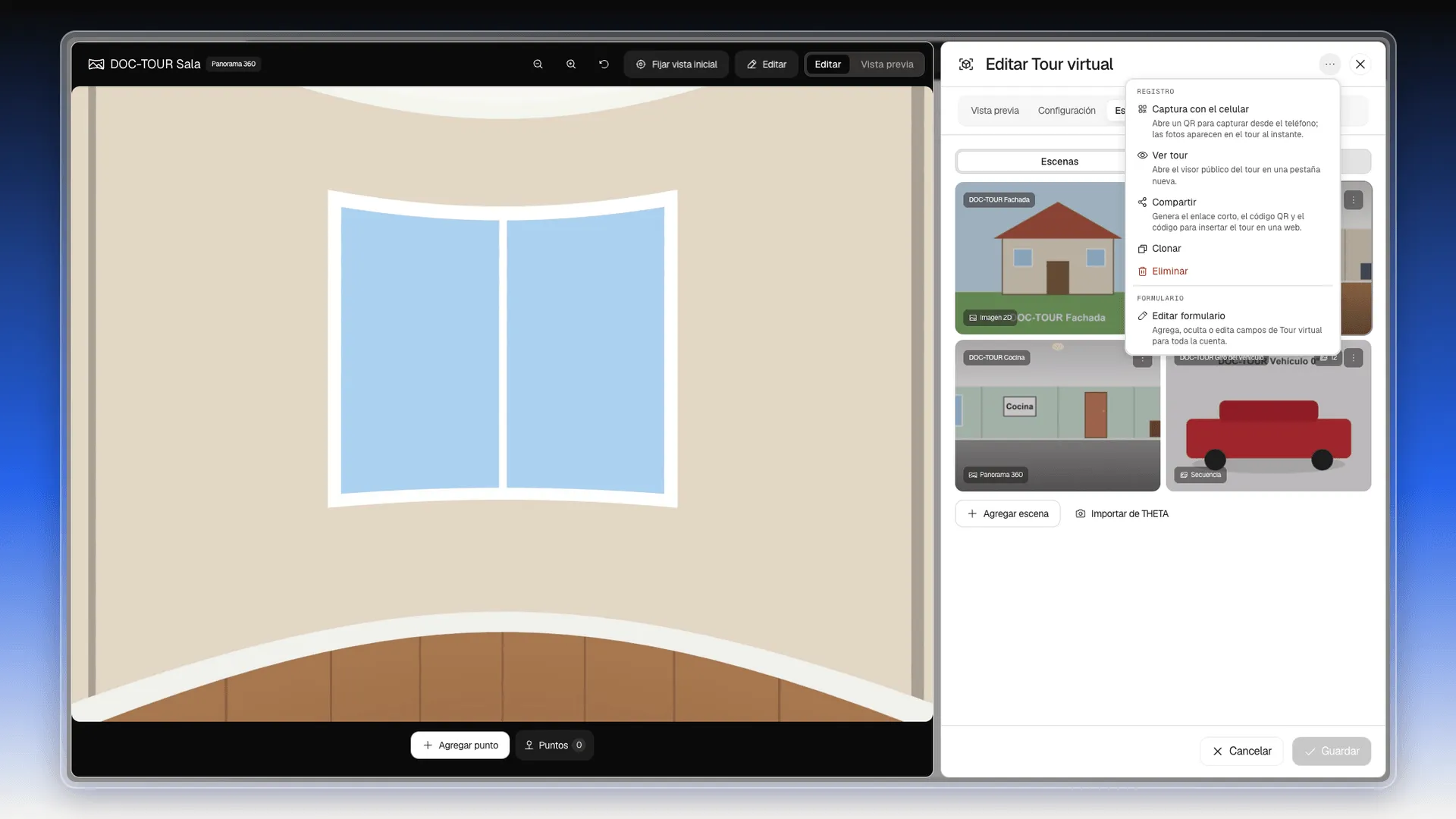 Menú Más opciones del editor con Captura con el celular, Ver tour, Compartir, Clonar, Eliminar y Editar formulario