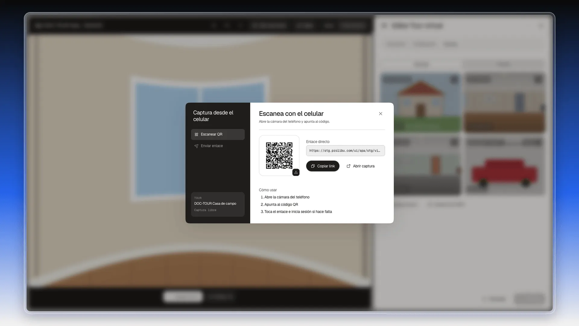 Cuadro Captura desde el celular en Escanear QR, con el código, el enlace directo y las instrucciones Cómo usar