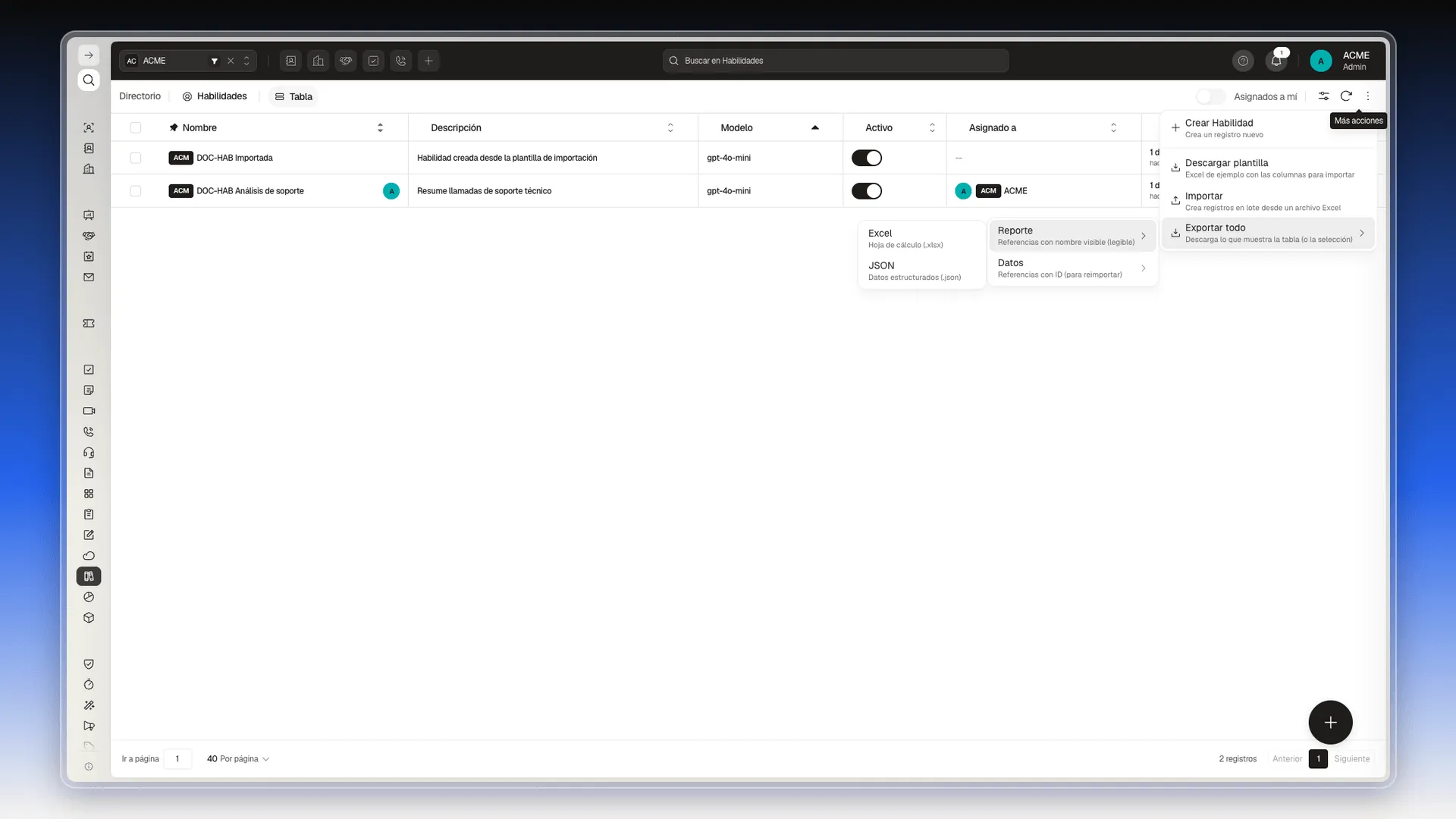 Submenú de Exportar todo con Reporte y Datos, y el formato Excel o JSON