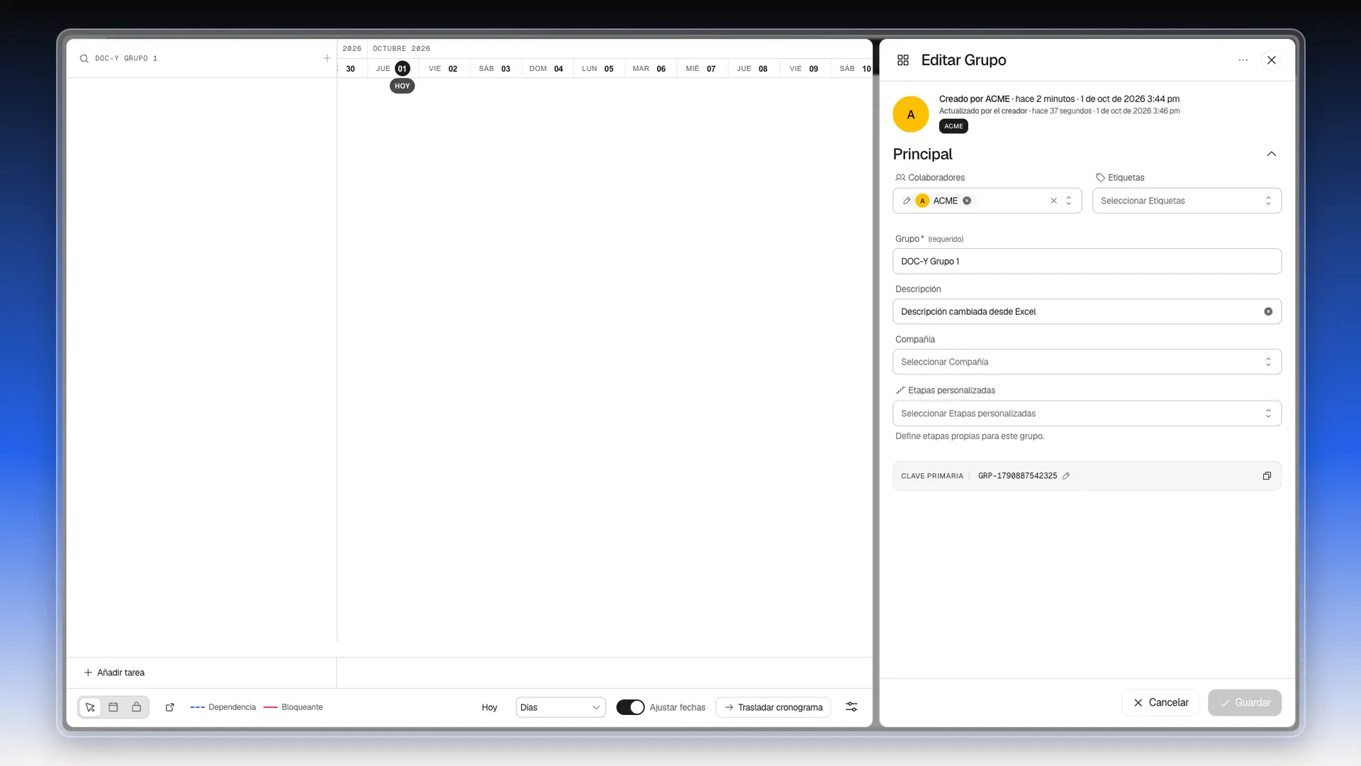 Panel del grupo con la descripción cambiada desde el Excel
