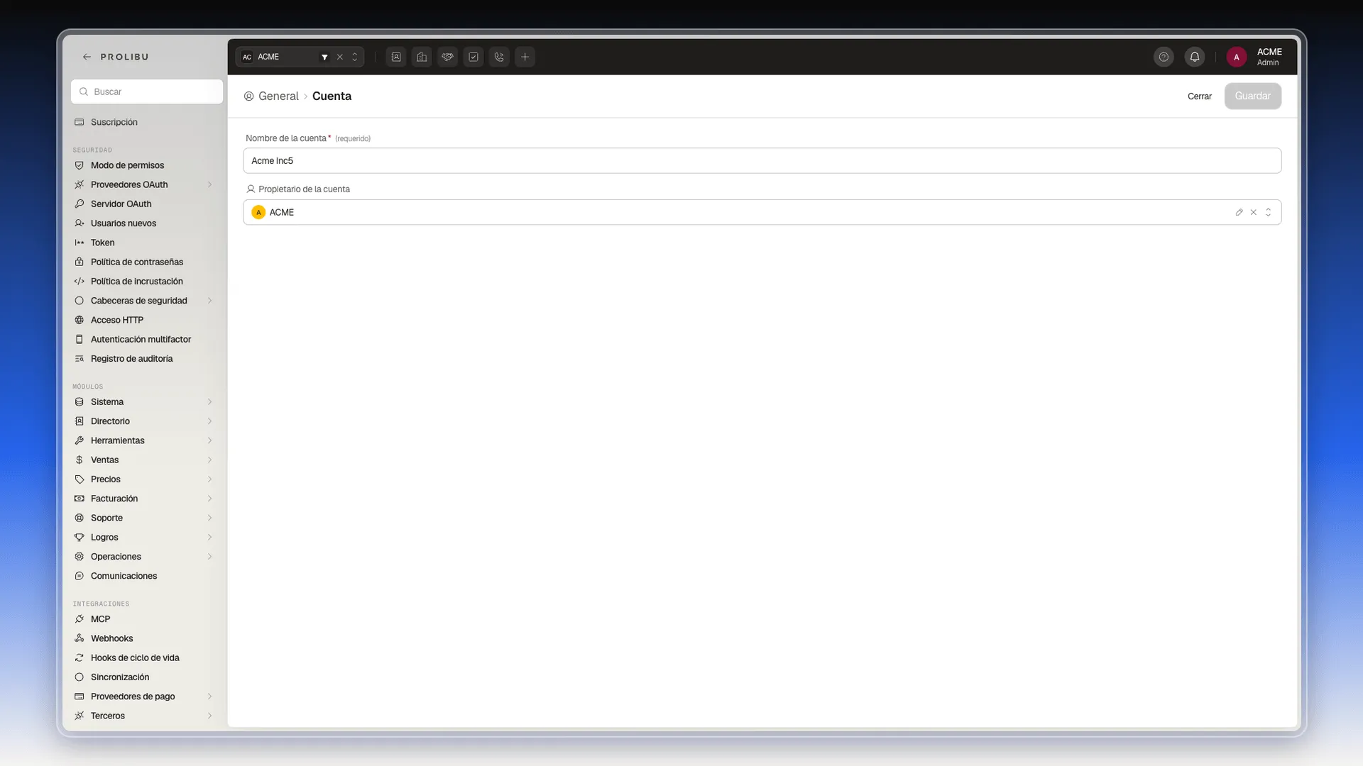 Menú lateral de Preferencias desplazado hasta los grupos MÓDULOS e INTEGRACIONES