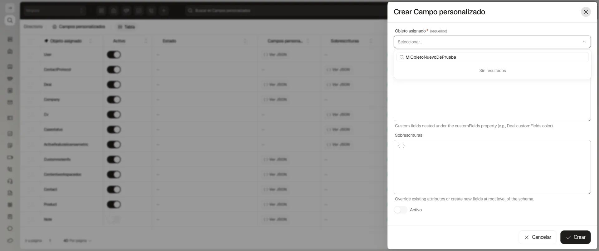 Desplegable Objeto asignado con un nombre inventado en el buscador y el mensaje Sin resultados