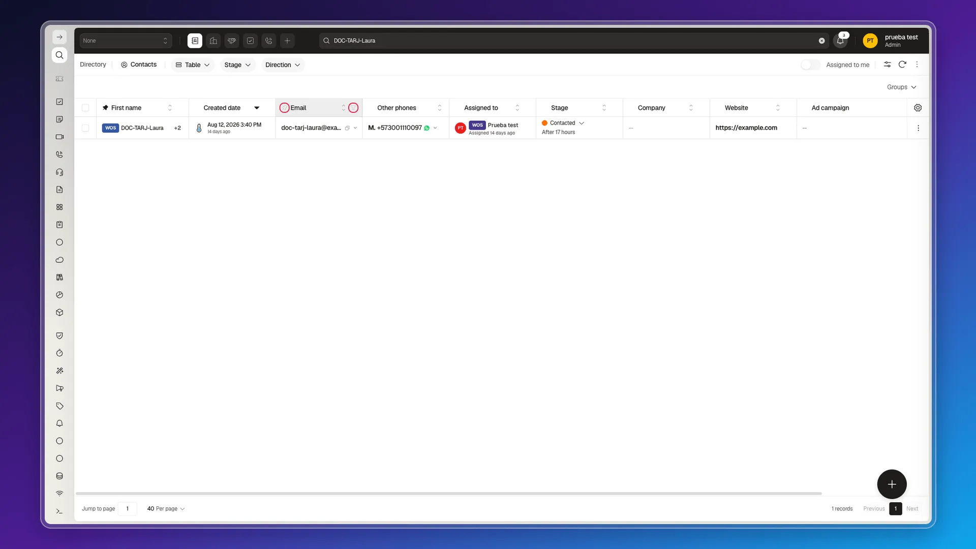 Name and Email column headers with the pin and quick-filter icons highlighted
