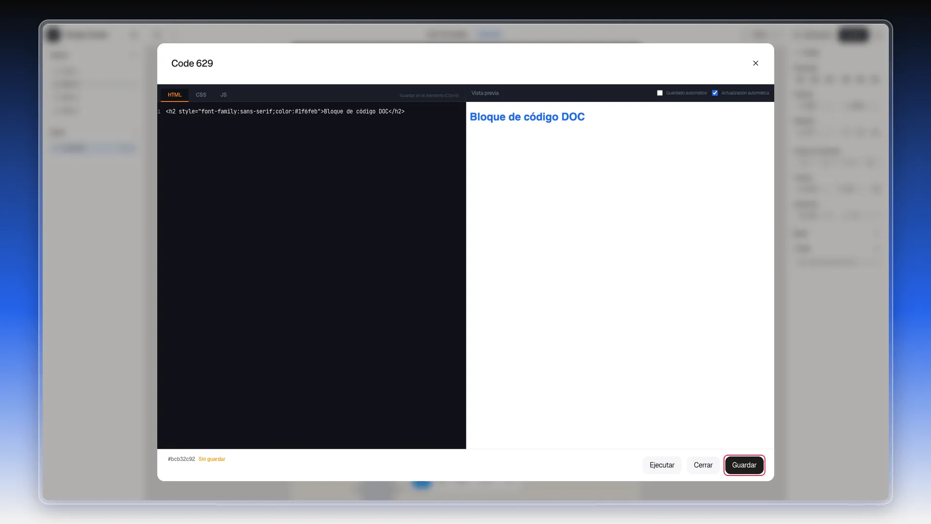 Ventana del bloque de código con un título HTML de prueba, su vista previa a la derecha y el botón Guardar resaltado