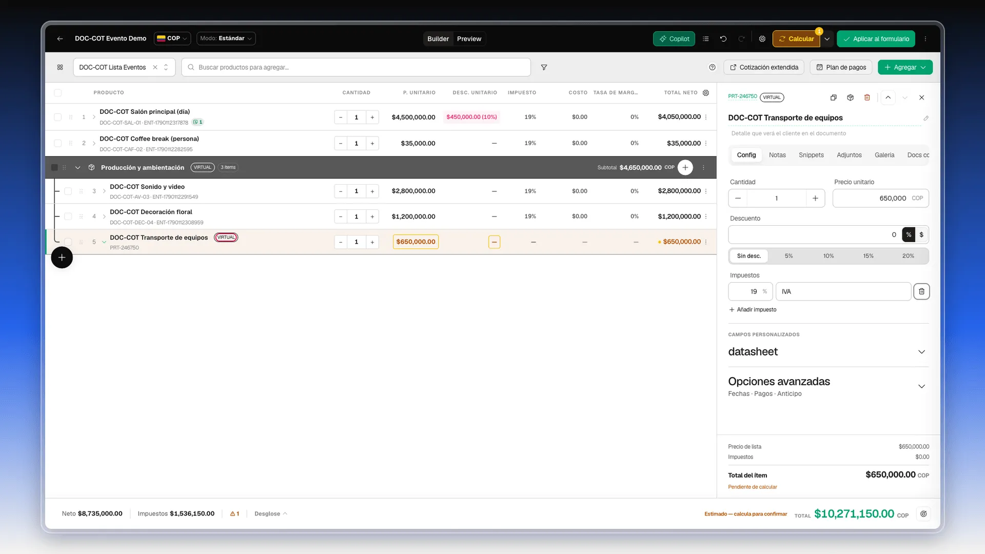 Línea DOC-COT Transporte de equipos dentro de un grupo, con la etiqueta VIRTUAL resaltada