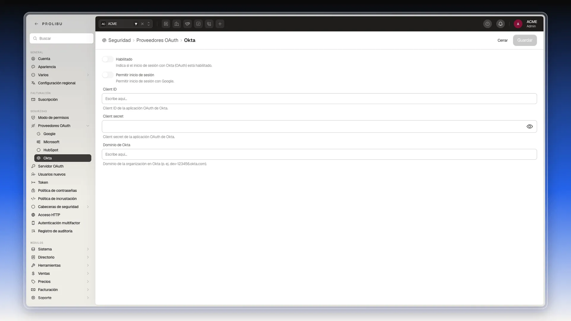 Pantalla del proveedor Okta con Client ID, Client secret y Dominio de Okta